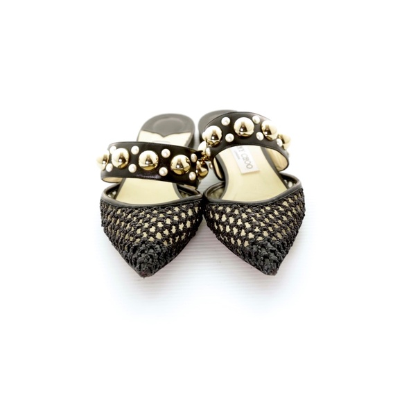 Jimmy Choo Basette Black Woven Embellished Studded Raffia Leather Flat Mule 39/9 - Picture 1 of 9